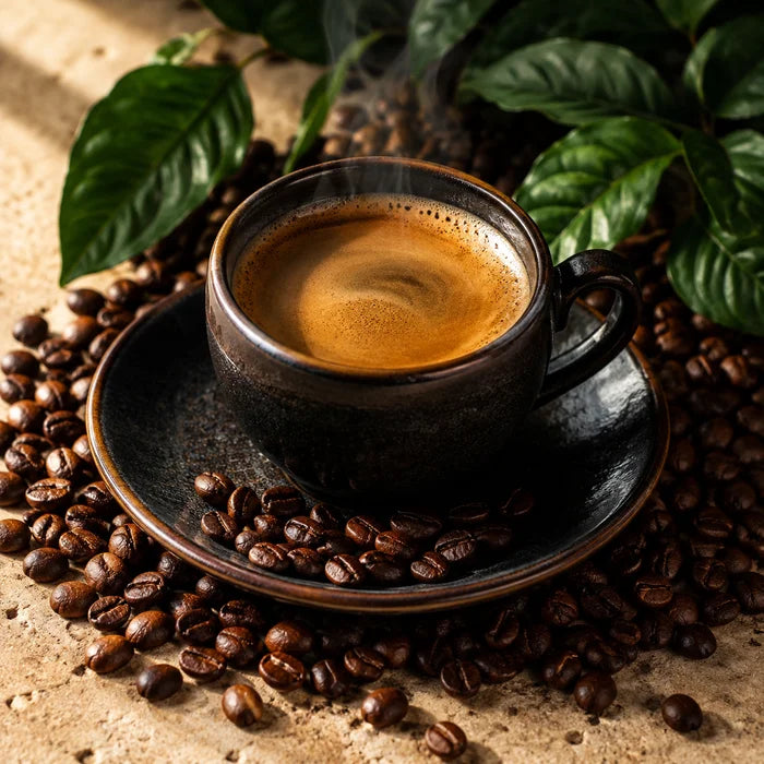 A cup of coffee with roasted coffee beans