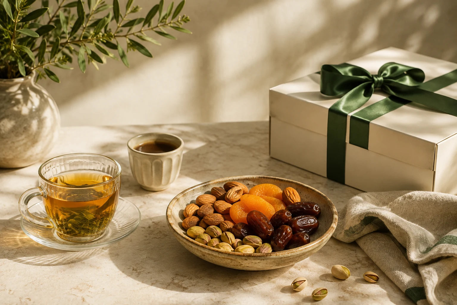 Tea, coffee, dried fruit and nuts beside an ivory gift box on a sunlit table